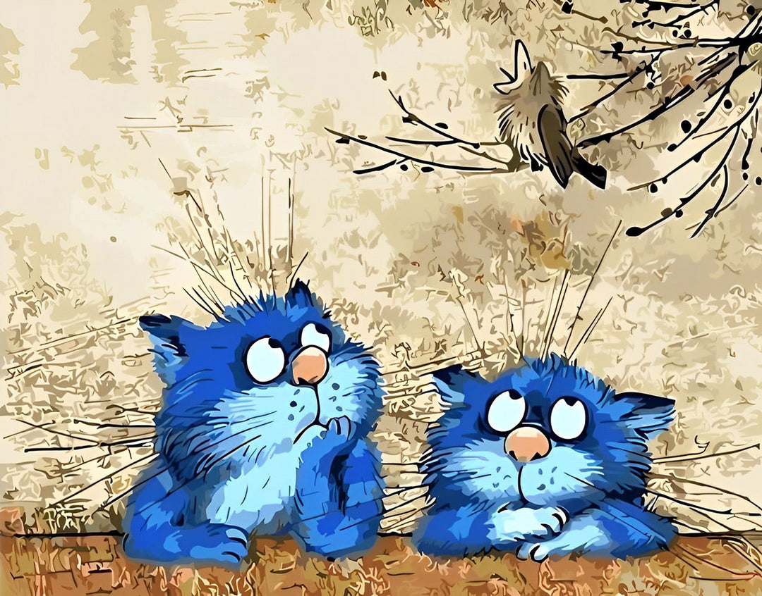 Twee Katten en een Vogel in een Boom Diamond Painting