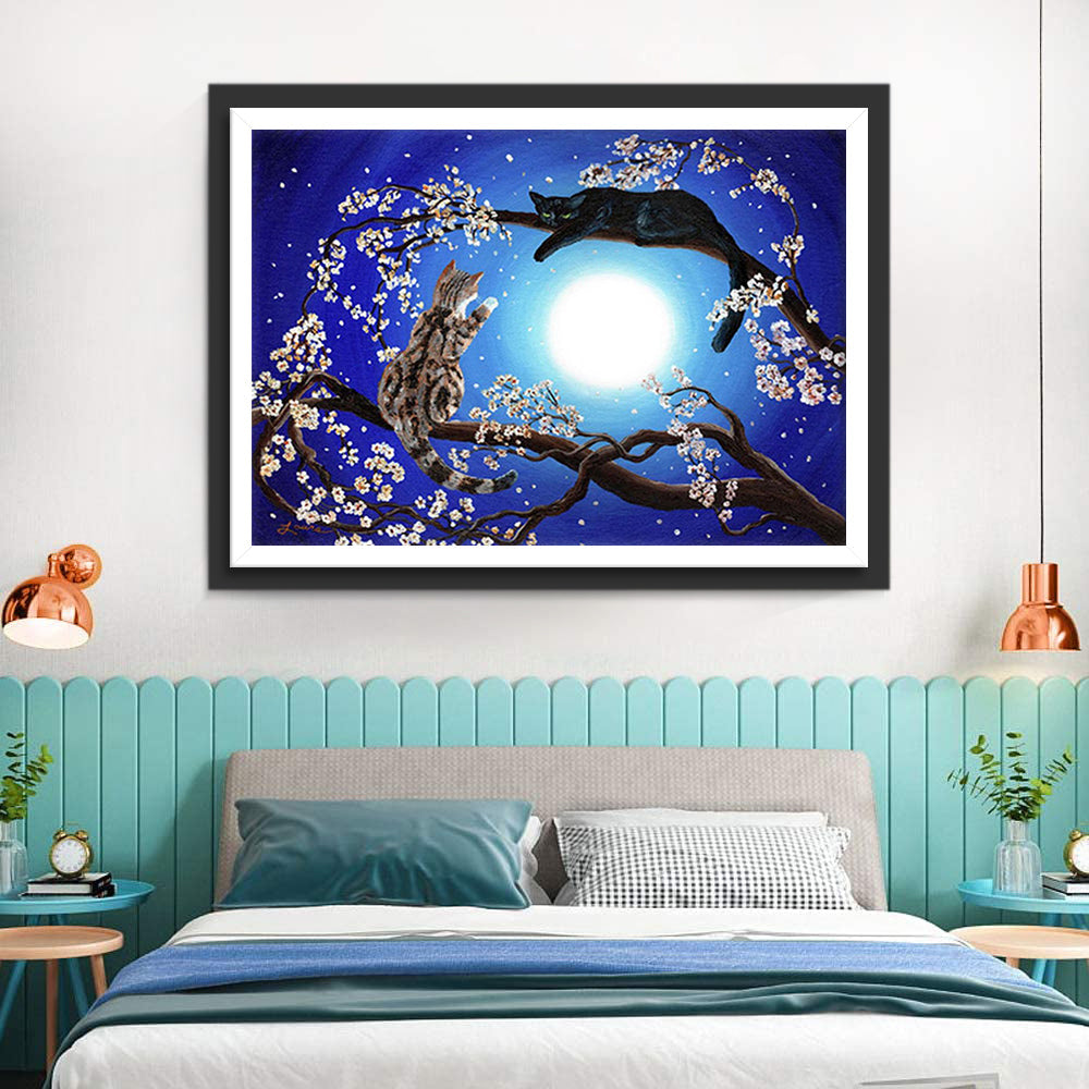 Twee Katten in Boom onder de Maan Diamond Painting