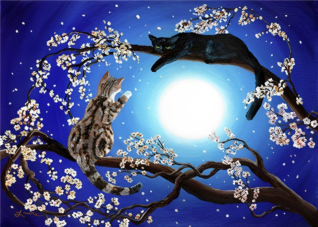 Twee Katten in Boom onder de Maan Diamond Painting