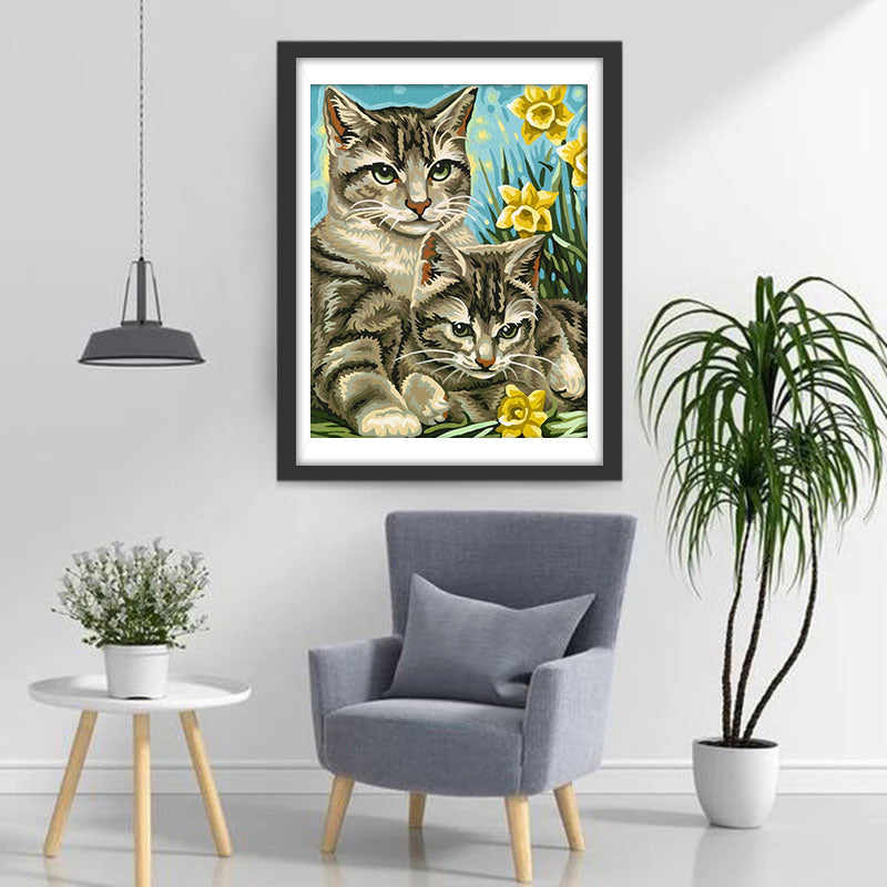 Twee Katten in een Gele Struik Diamond Painting