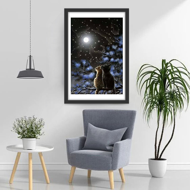 Twee Katten Kijken Samen naar de Maan op een Besneeuwde Dag Diamond Painting