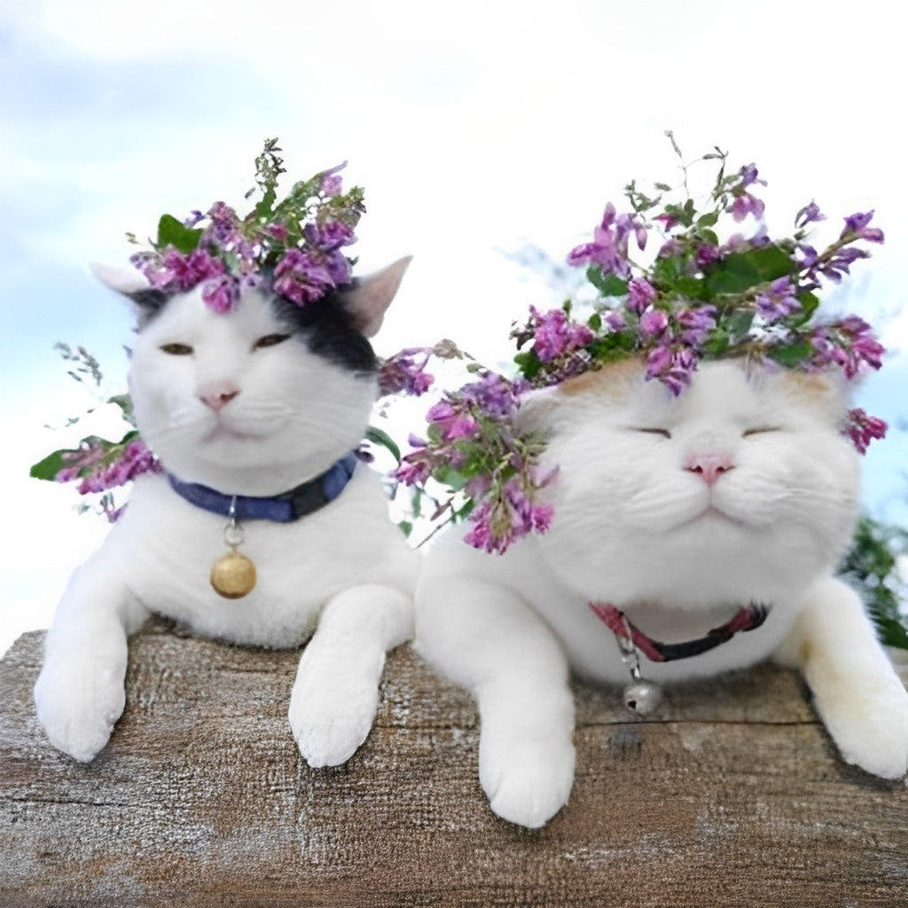 Twee Katten met Paarse Bloemen op hun Hoofd Diamond Painting