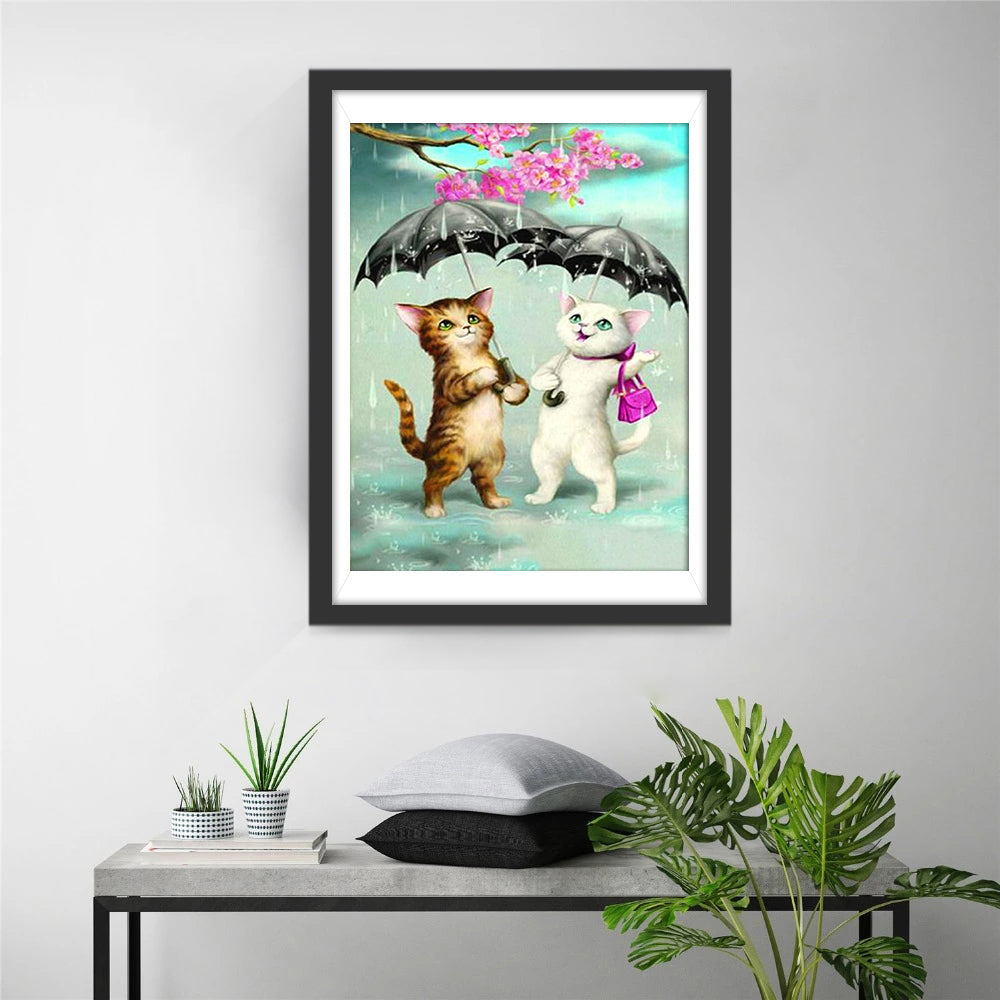 Twee Katten met Zwarte Paraplu's Diamond Painting