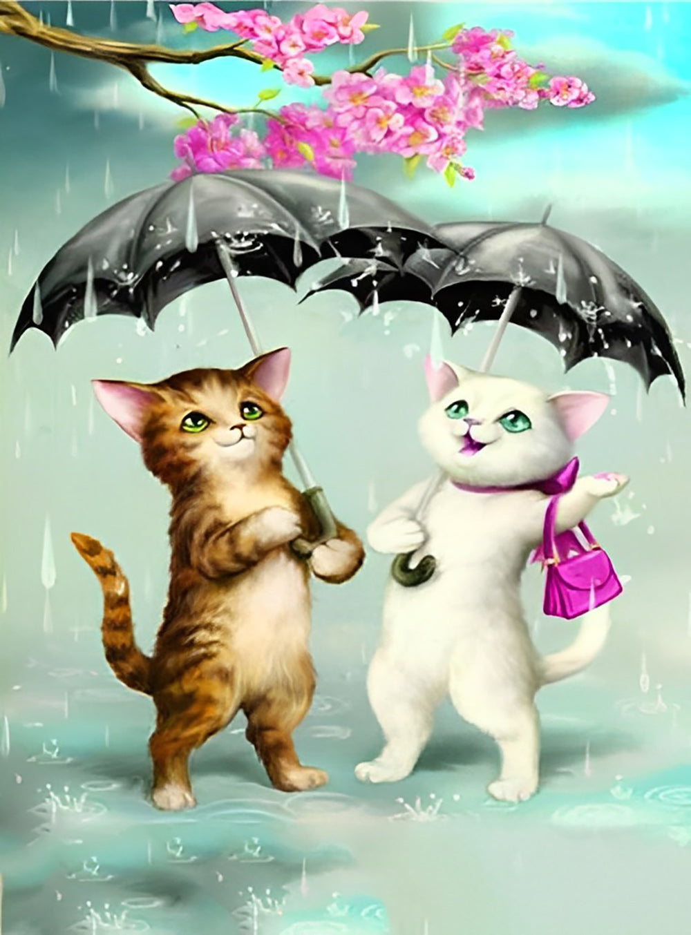 Twee Katten met Zwarte Paraplu's Diamond Painting