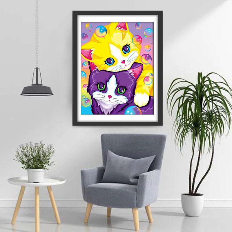 Twee Katten omringd door Bubbels Diamond Painting