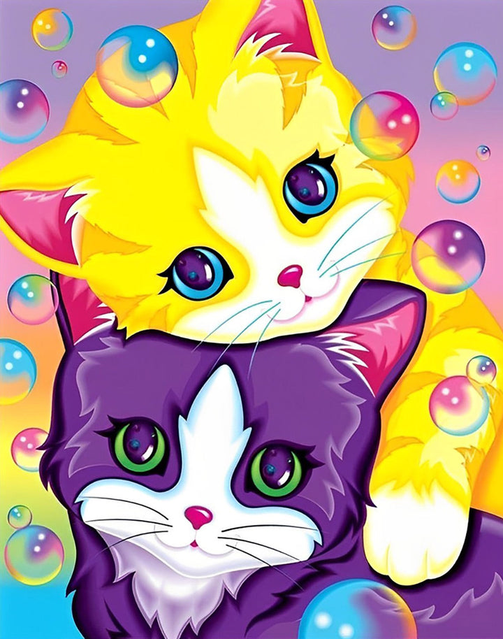 Twee Katten omringd door Bubbels Diamond Painting