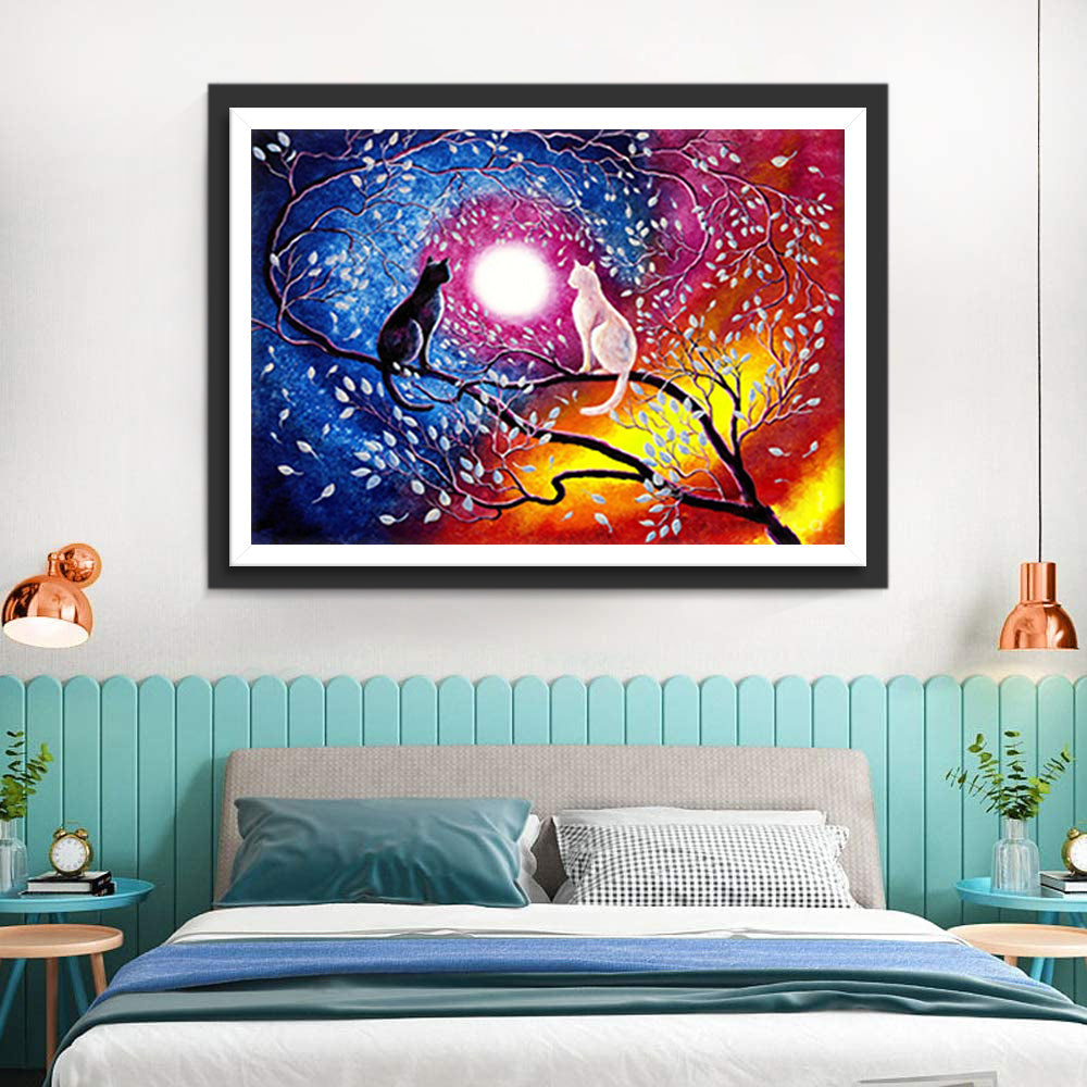 Twee Katten onder de Maan Diamond Painting