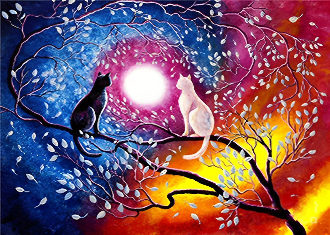 Twee Katten onder de Maan Diamond Painting