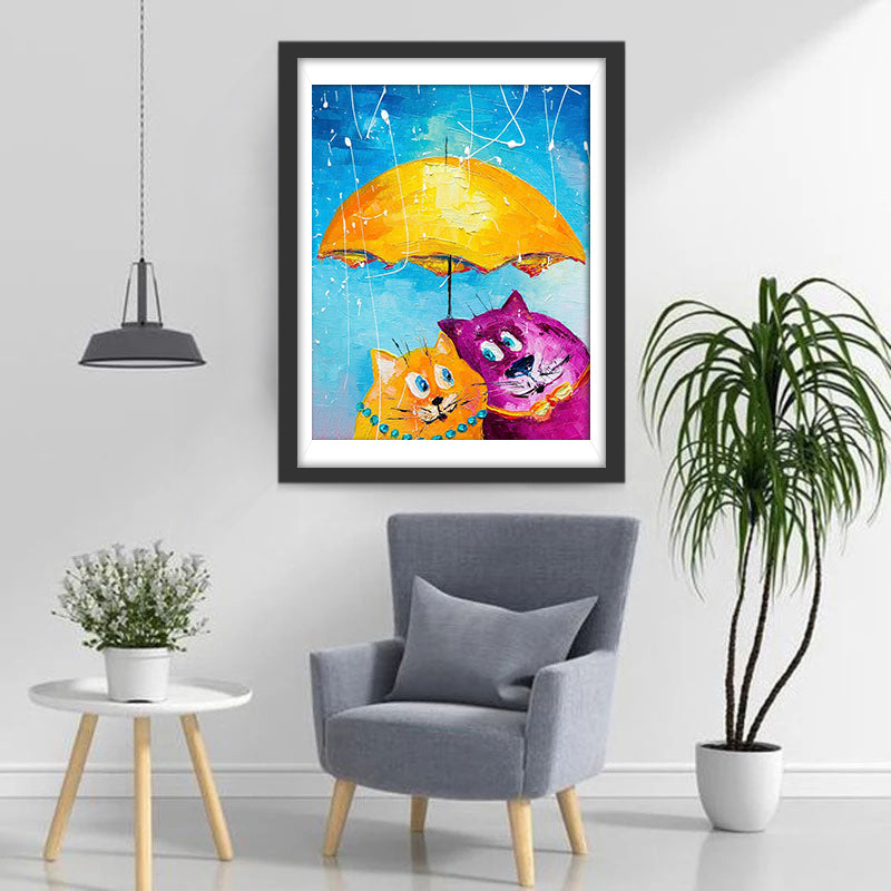 Twee Katten onder een Kleine Gele Paraplu Diamond Painting