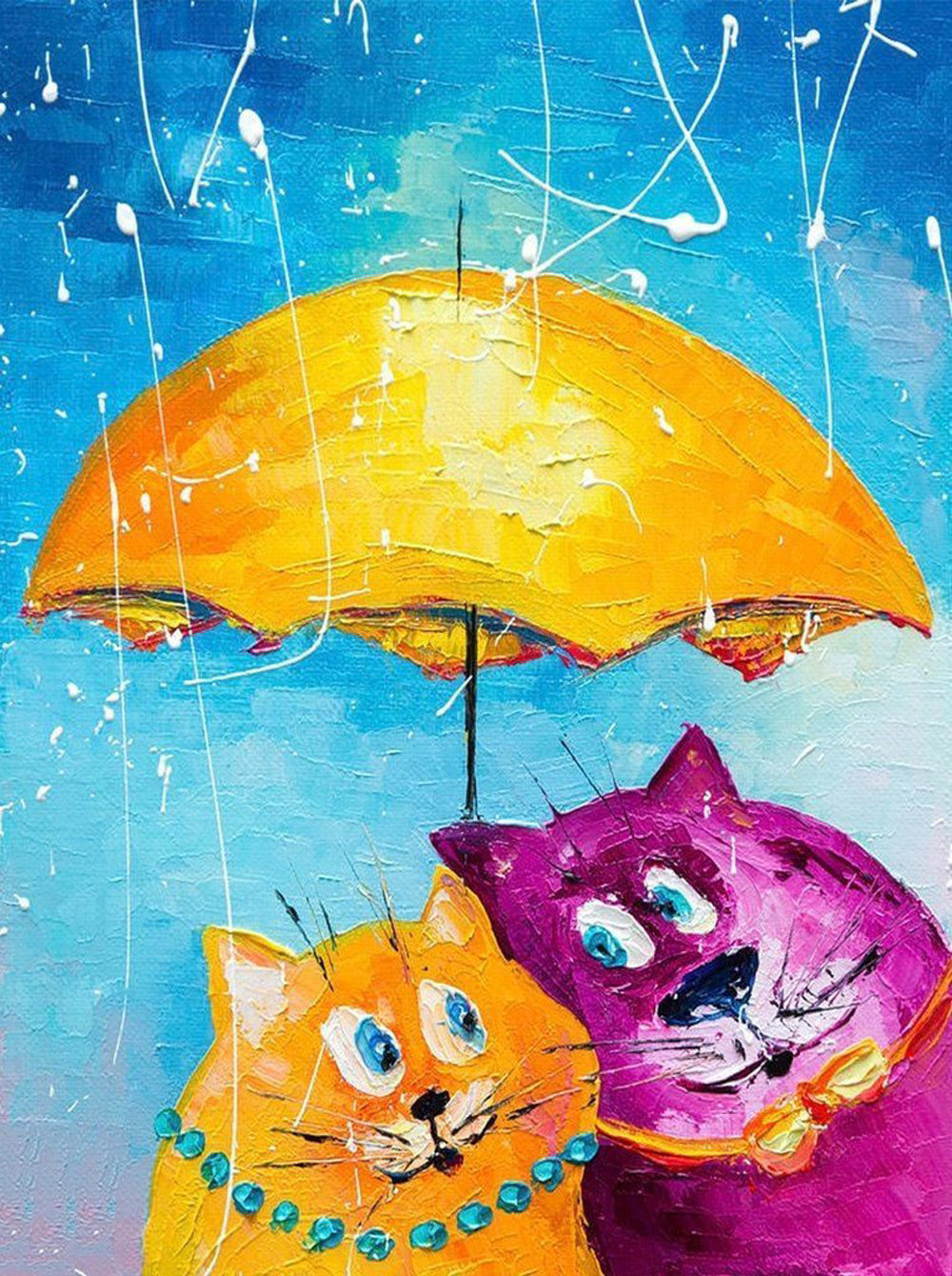Twee Katten onder een Kleine Gele Paraplu Diamond Painting