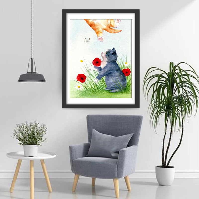 Twee Katten Spelen in het Gras Diamond Painting