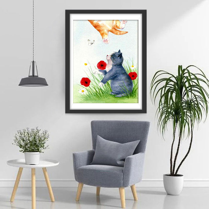 Twee Katten Spelen in het Gras Diamond Painting