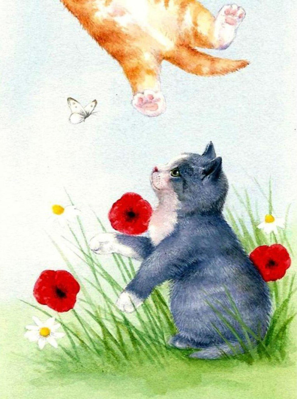 Twee Katten Spelen in het Gras Diamond Painting