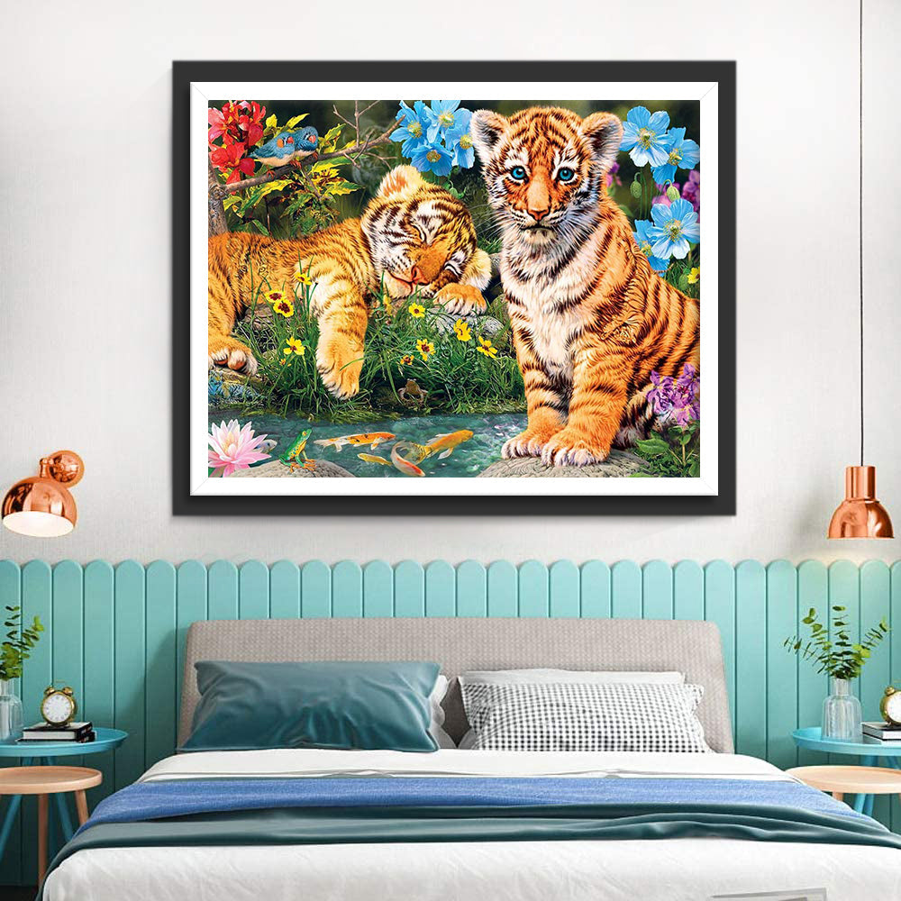 Twee Kleine Tijgers bij de Bloemen Diamond Painting