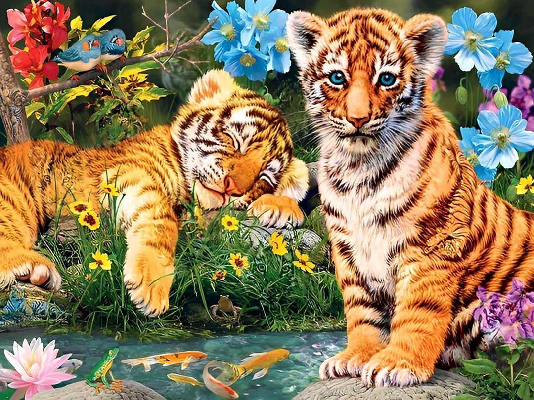 Twee Kleine Tijgers bij de Bloemen Diamond Painting