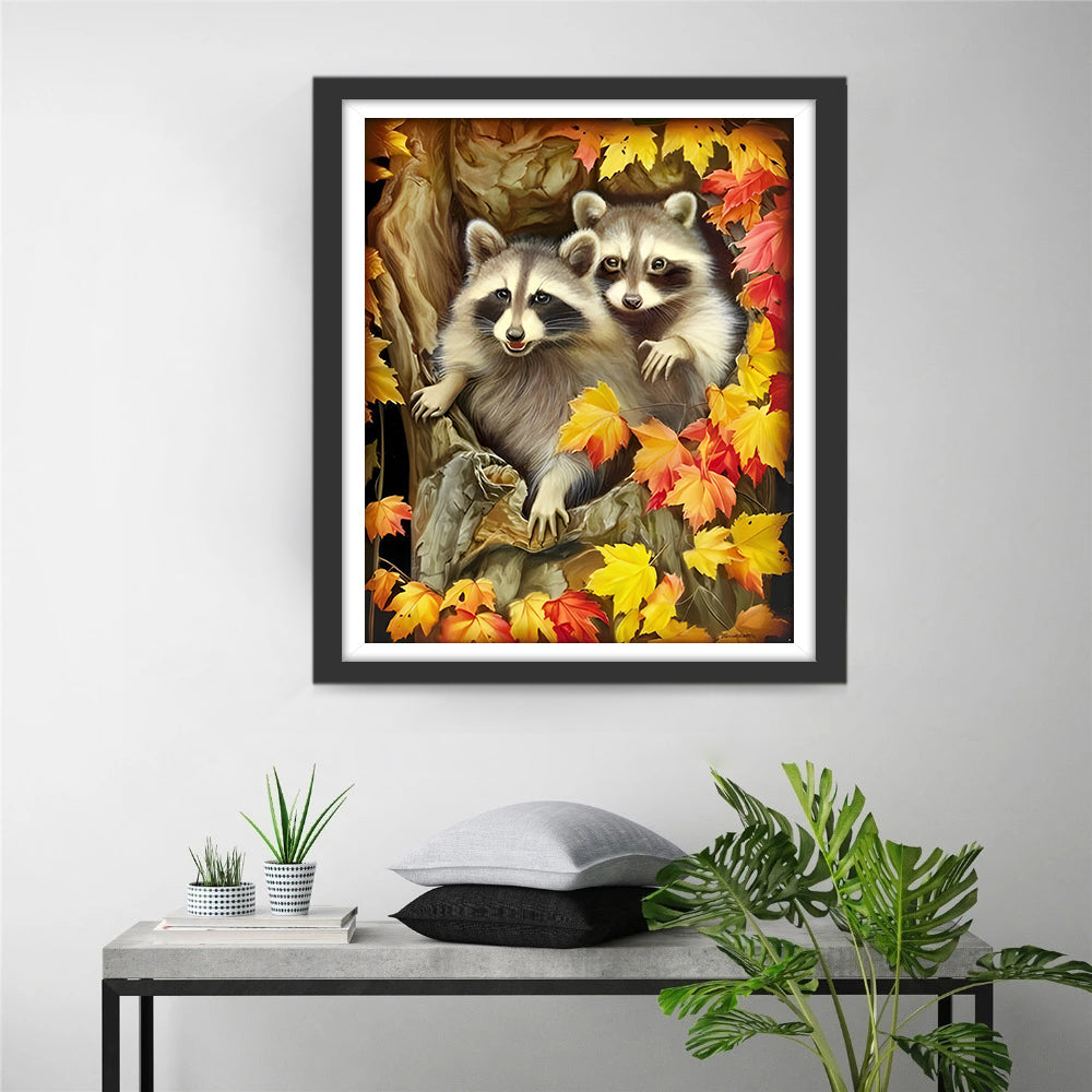 Twee Kleine Wasberen op een Esdoornboom Diamond Painting