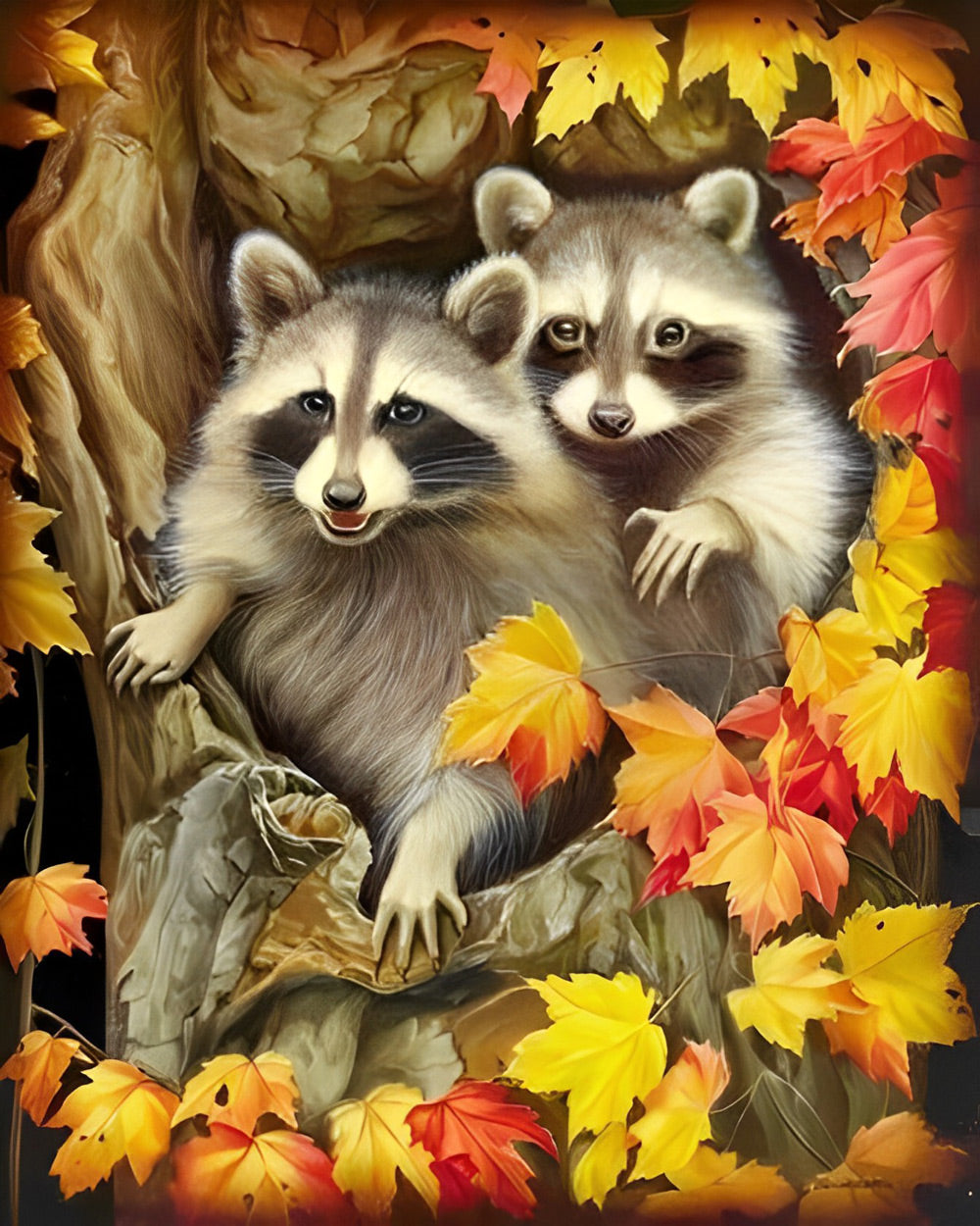 Twee Kleine Wasberen op een Esdoornboom Diamond Painting