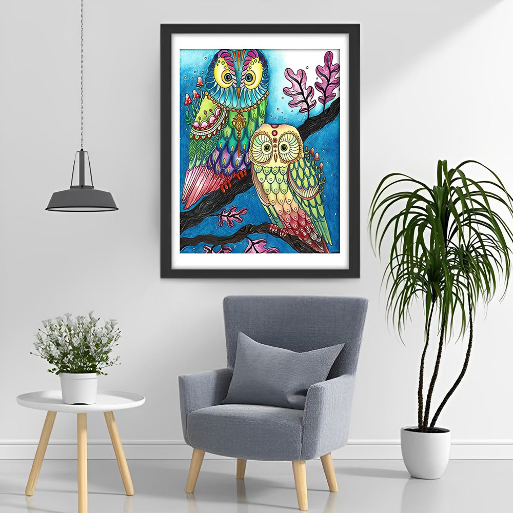 Twee Kleurrijke Uilen in de Boom Diamond Painting