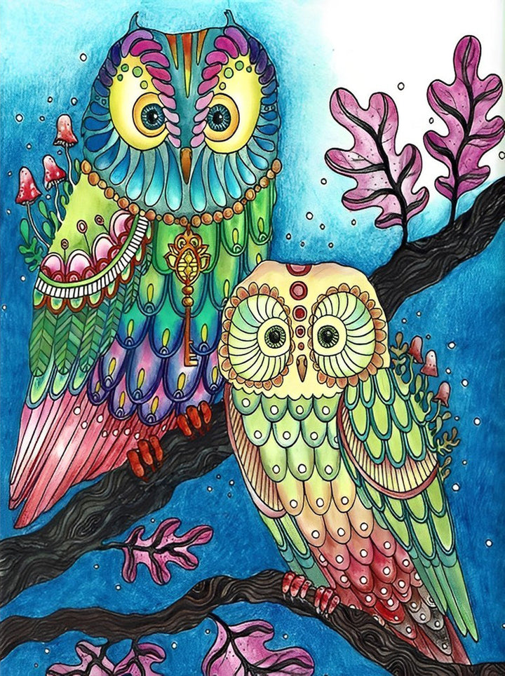 Twee Kleurrijke Uilen in de Boom Diamond Painting