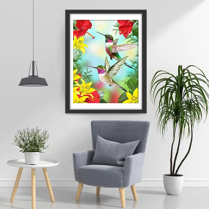 Twee Kolibries in de Struik met Gele en Rode Bloemen Diamond Painting