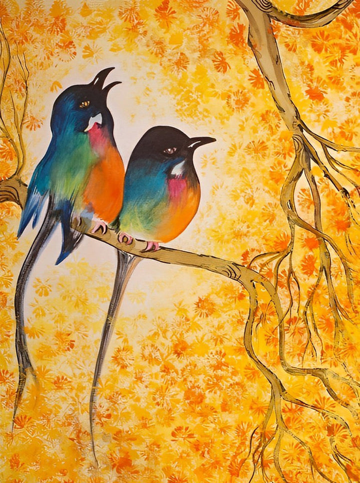 Twee Kolibries op een Boomtak met Oranjebloesem op de Achtergrond Diamond Painting