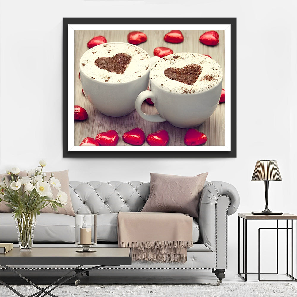 Twee Kopjes Cappuccino met Hartvormig Cacaopoeder Diamond Painting