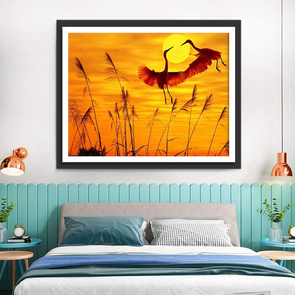 Twee Kranen bij Zonsondergang Diamond Painting