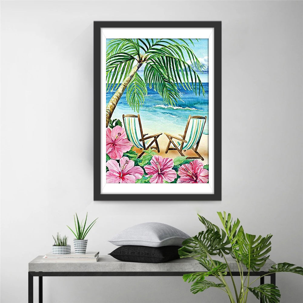 Twee Ligstoelen en Hibiscus Bloemen aan Zee Diamond Painting