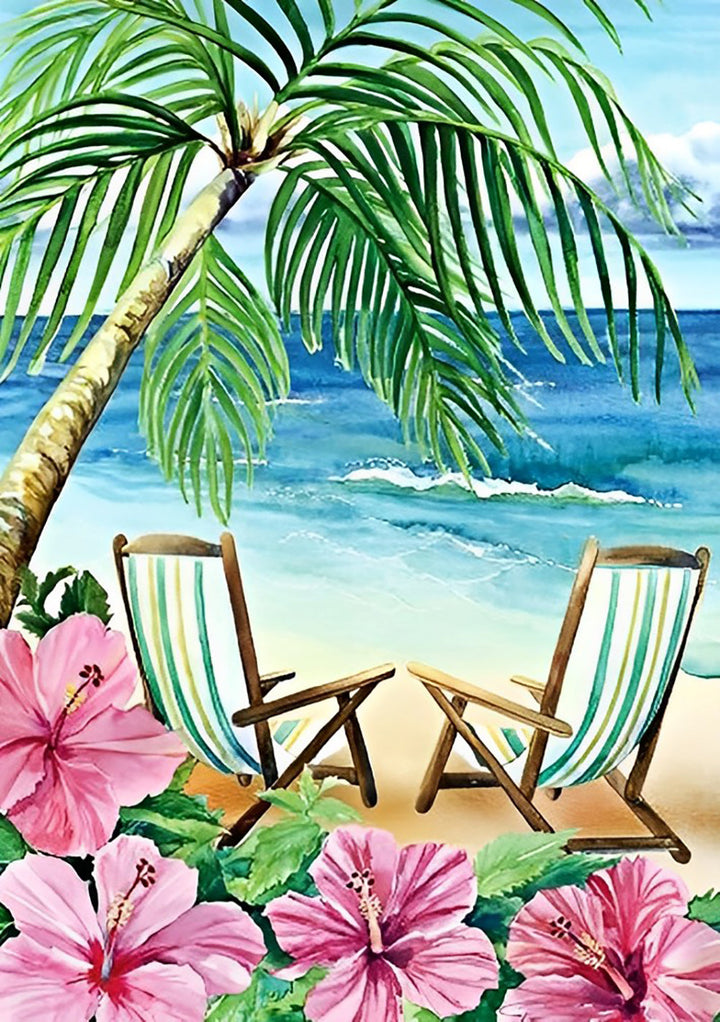 Twee Ligstoelen en Hibiscus Bloemen aan Zee Diamond Painting