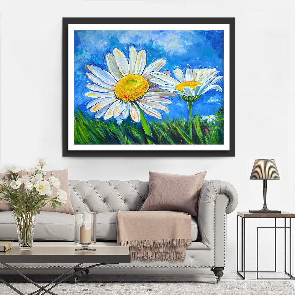 Twee Madeliefjes tegen Blauwe Lucht Diamond Painting