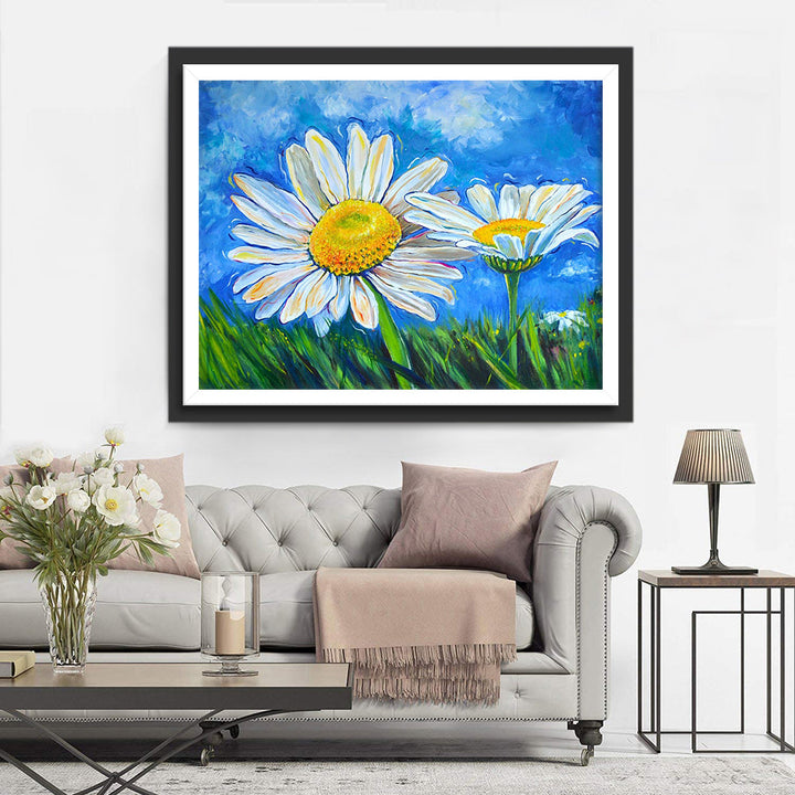 Twee Madeliefjes tegen Blauwe Lucht Diamond Painting