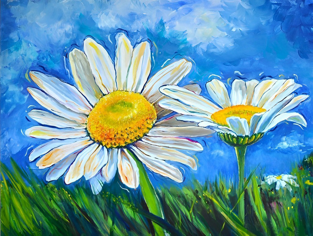 Twee Madeliefjes tegen Blauwe Lucht Diamond Painting