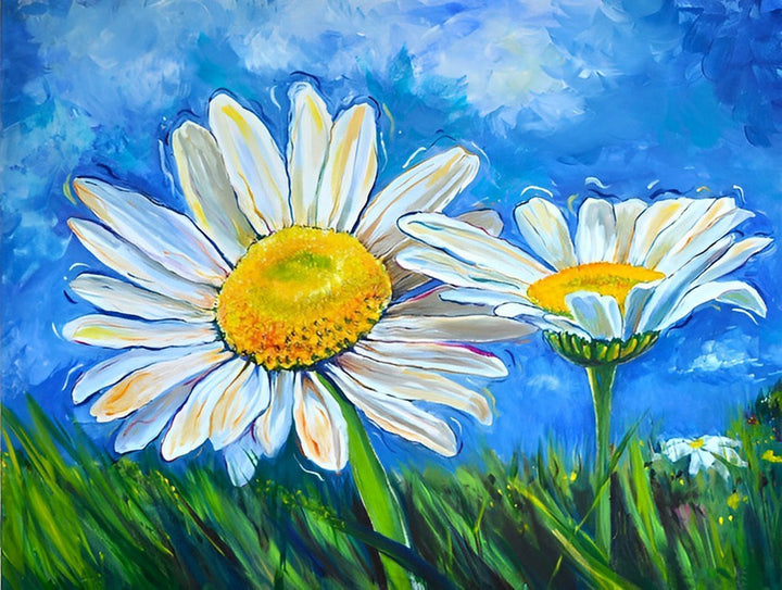 Twee Madeliefjes tegen Blauwe Lucht Diamond Painting