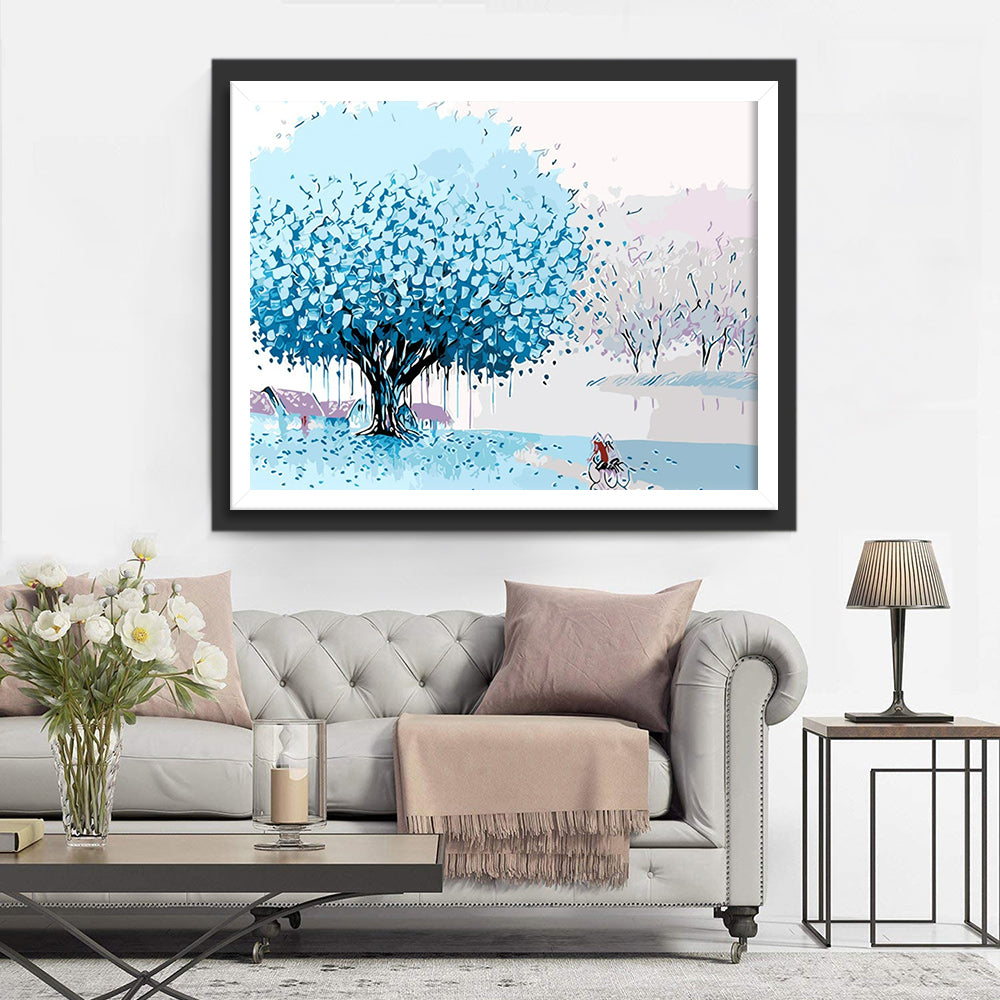 Twee Mensen die Fietsen onder een Blauwe Boom Diamond Painting