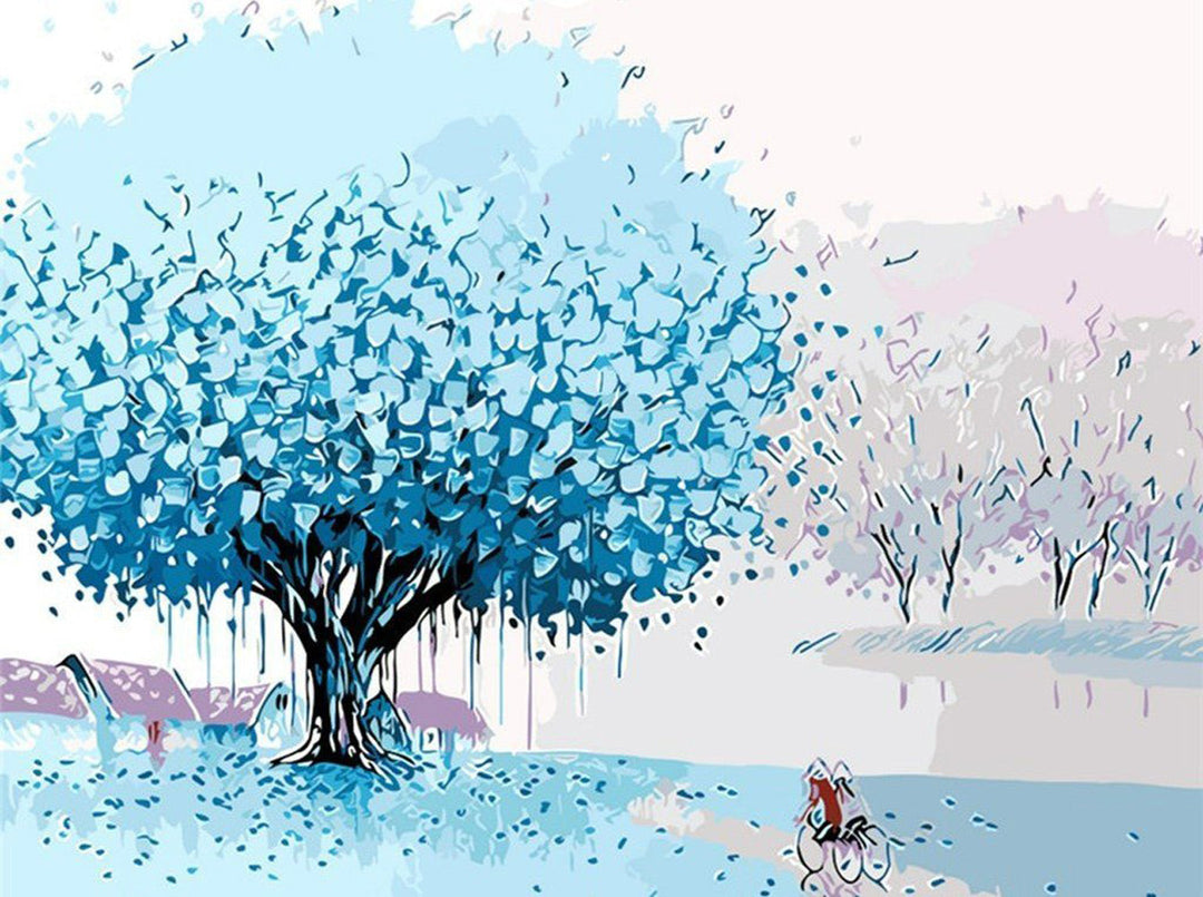 Twee Mensen die Fietsen onder een Blauwe Boom Diamond Painting