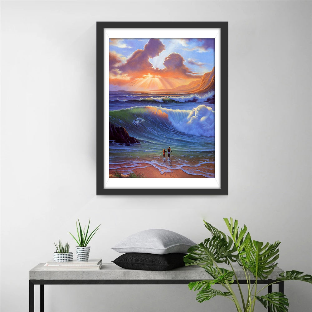Twee Mensen en de Golven bij Zonsondergang Diamond Painting