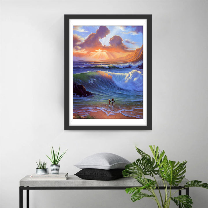 Twee Mensen en de Golven bij Zonsondergang Diamond Painting