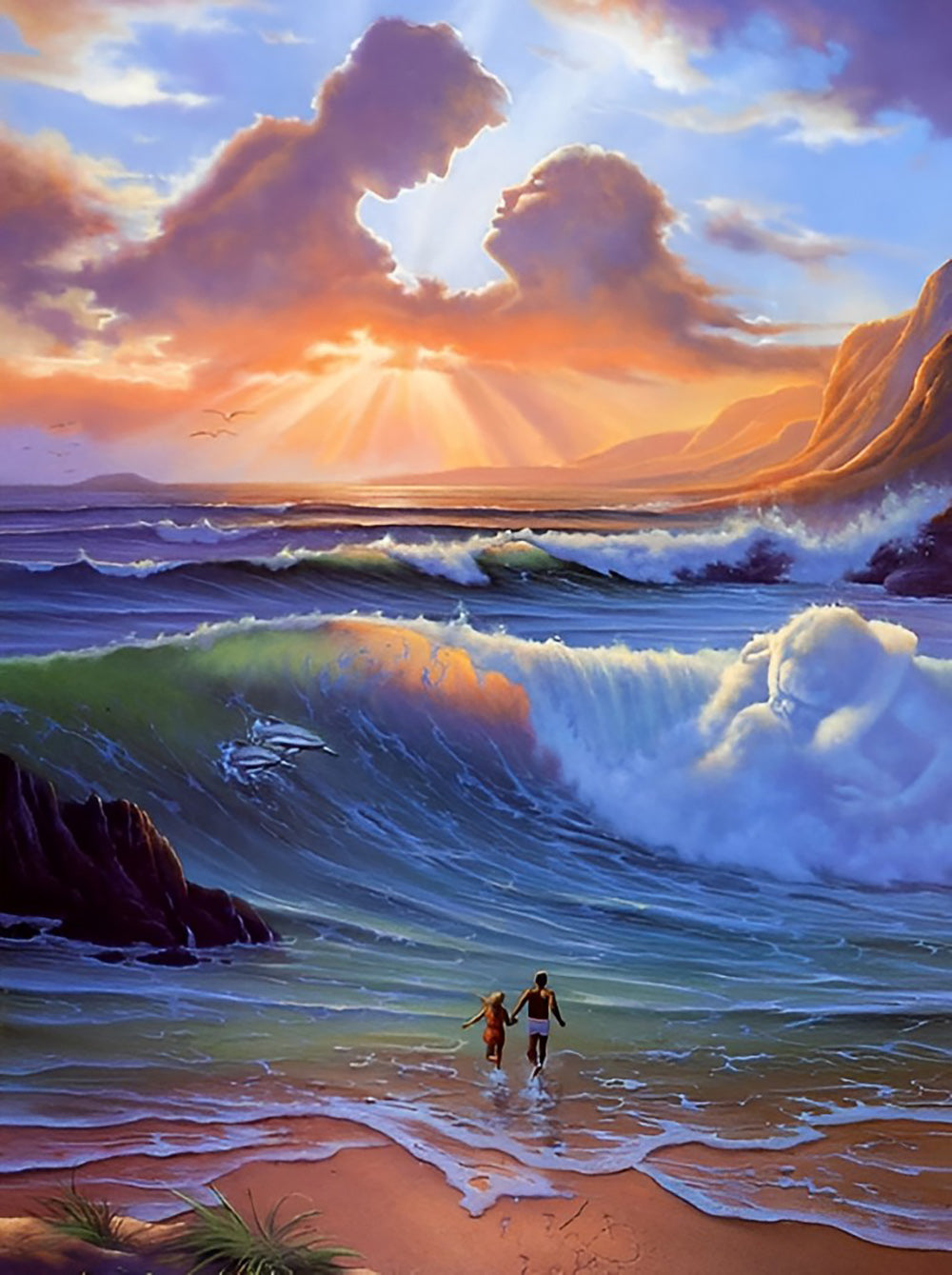 Twee Mensen en de Golven bij Zonsondergang Diamond Painting