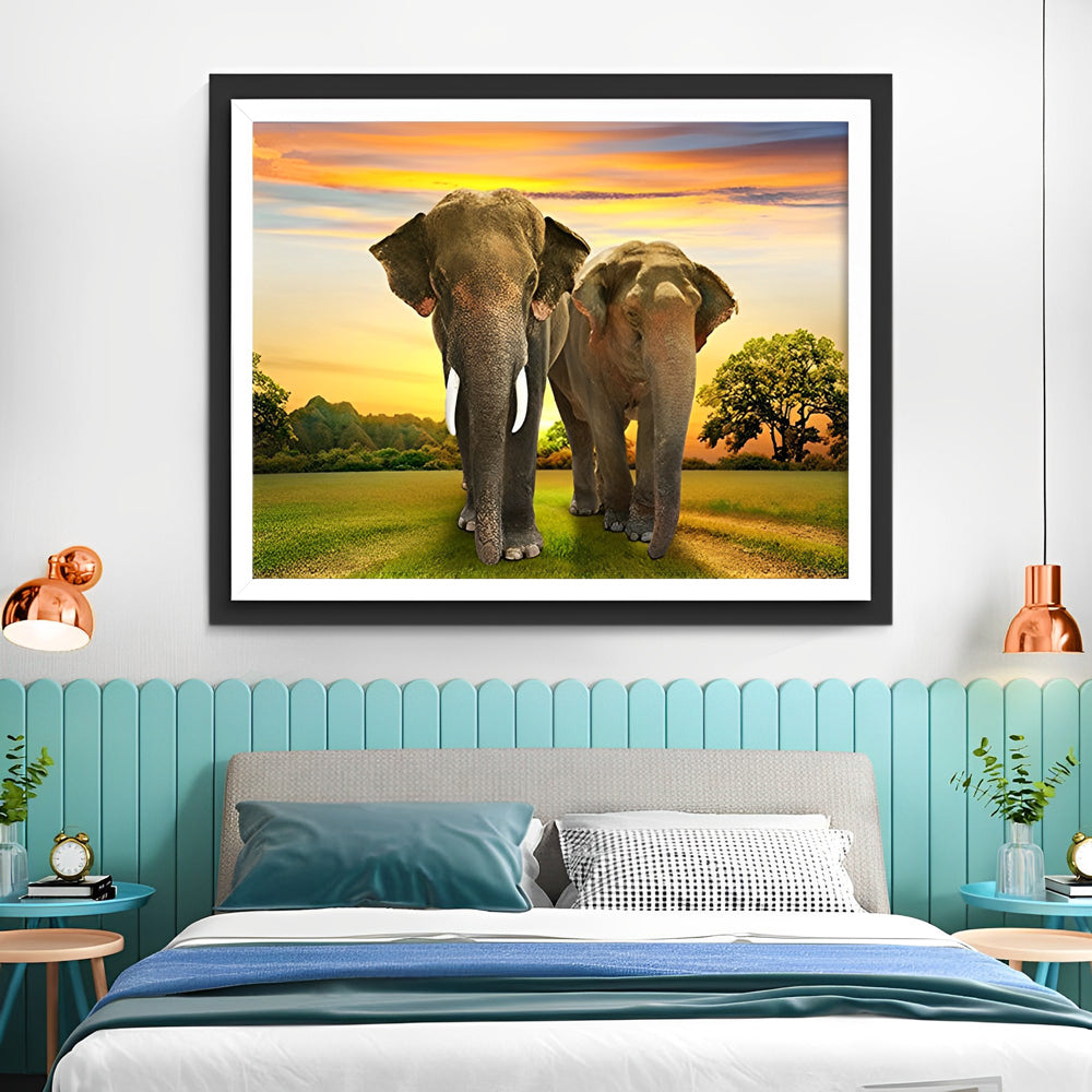 Twee Olifanten in de Wei Diamond Painting