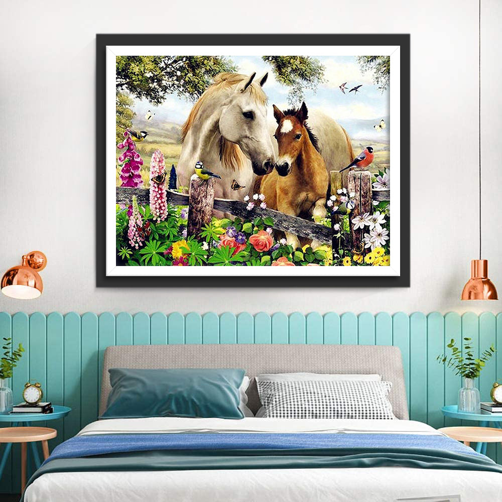 Twee Paarden bij de Heg Diamond Painting
