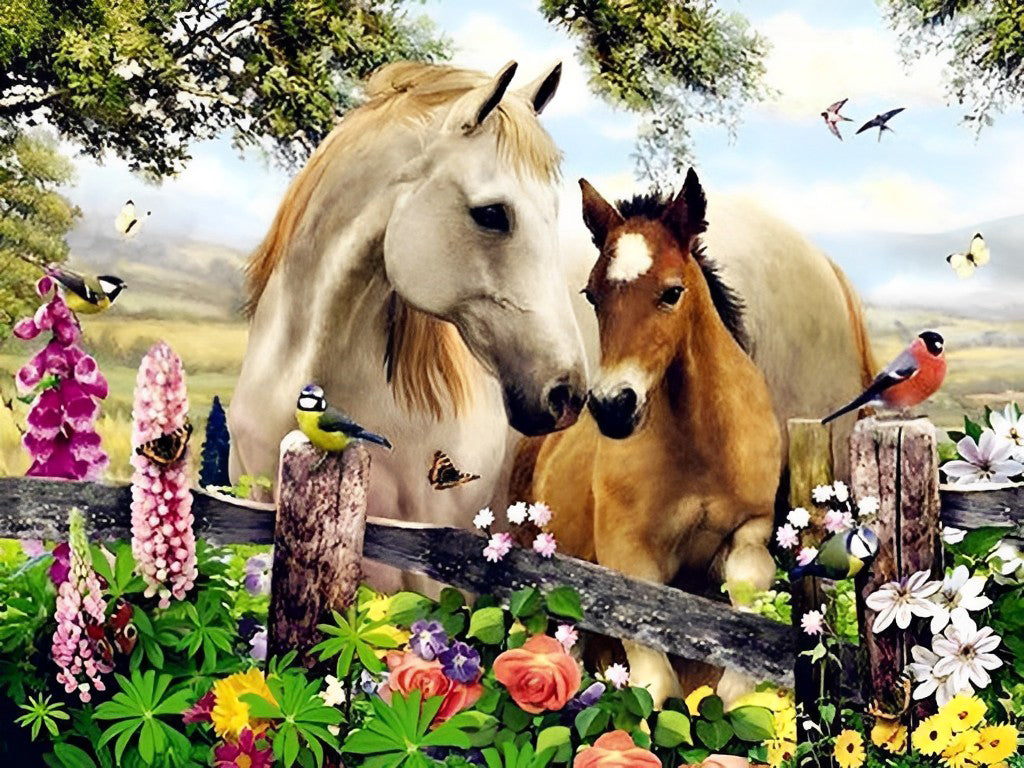 Twee Paarden bij de Heg Diamond Painting