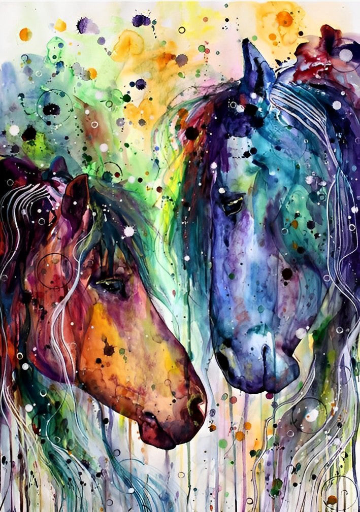 Twee Paardenhoofden met Inktvlekken Diamond Painting