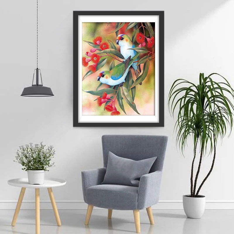 Twee Papegaaien in de Rode Bloeiende Boom Diamond Painting