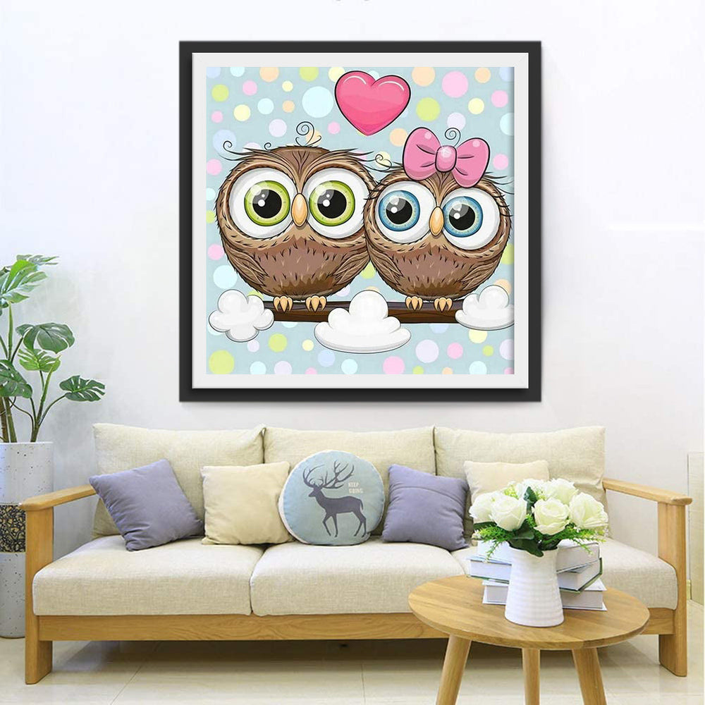 Twee Schattige Uilen in Cartoonstijl Diamond Painting