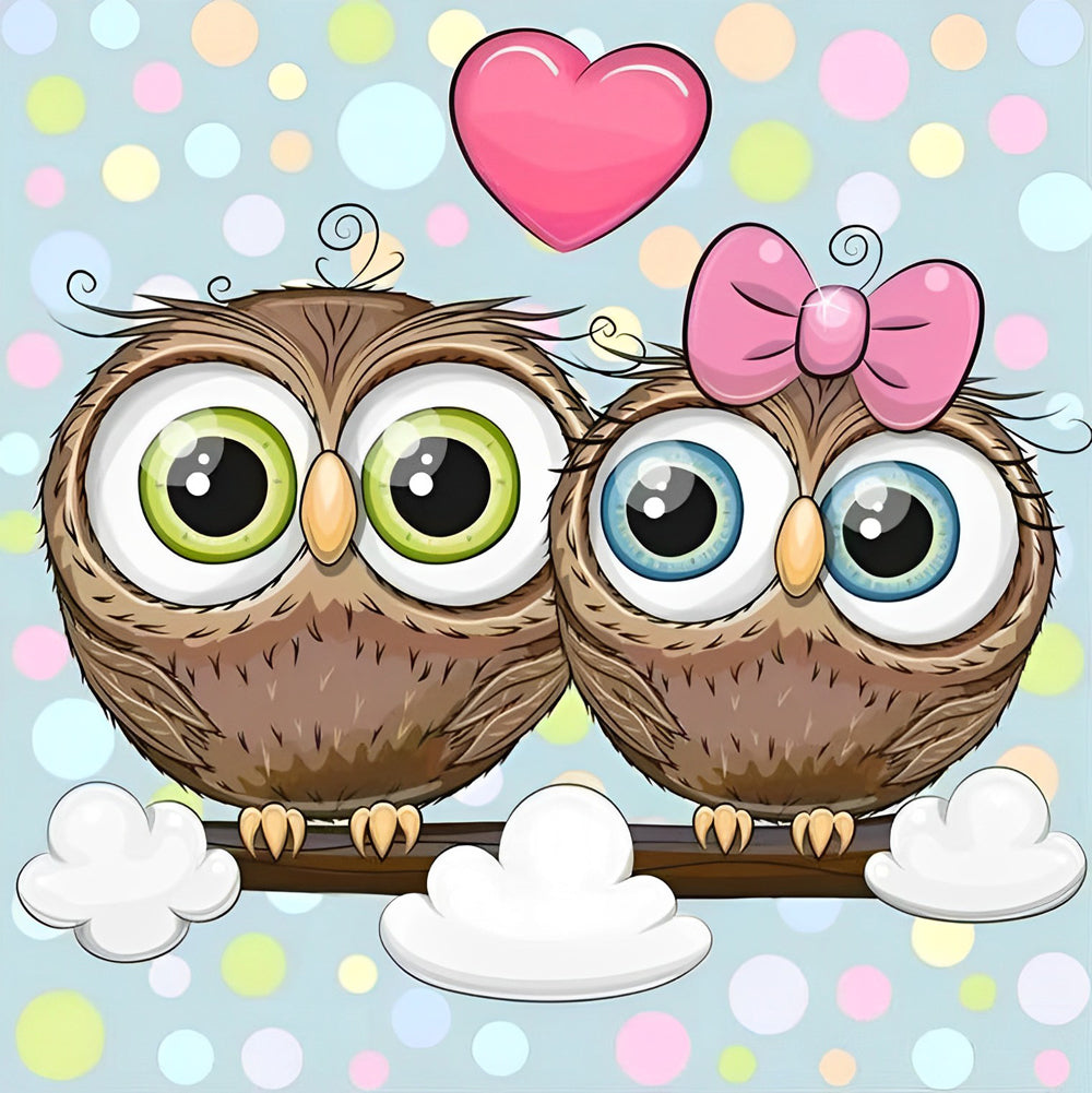 Twee Schattige Uilen in Cartoonstijl Diamond Painting