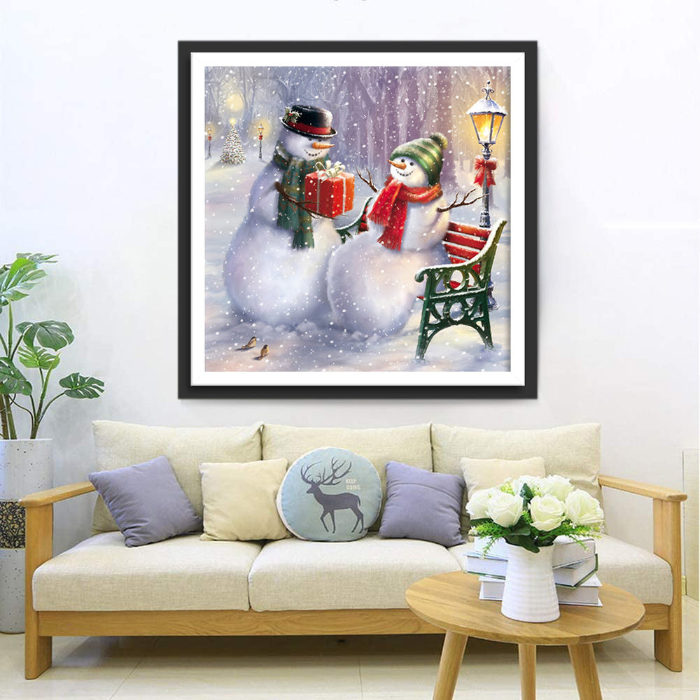 Twee Sneeuwpoppen bij een Straatlantaarn Diamond Painting