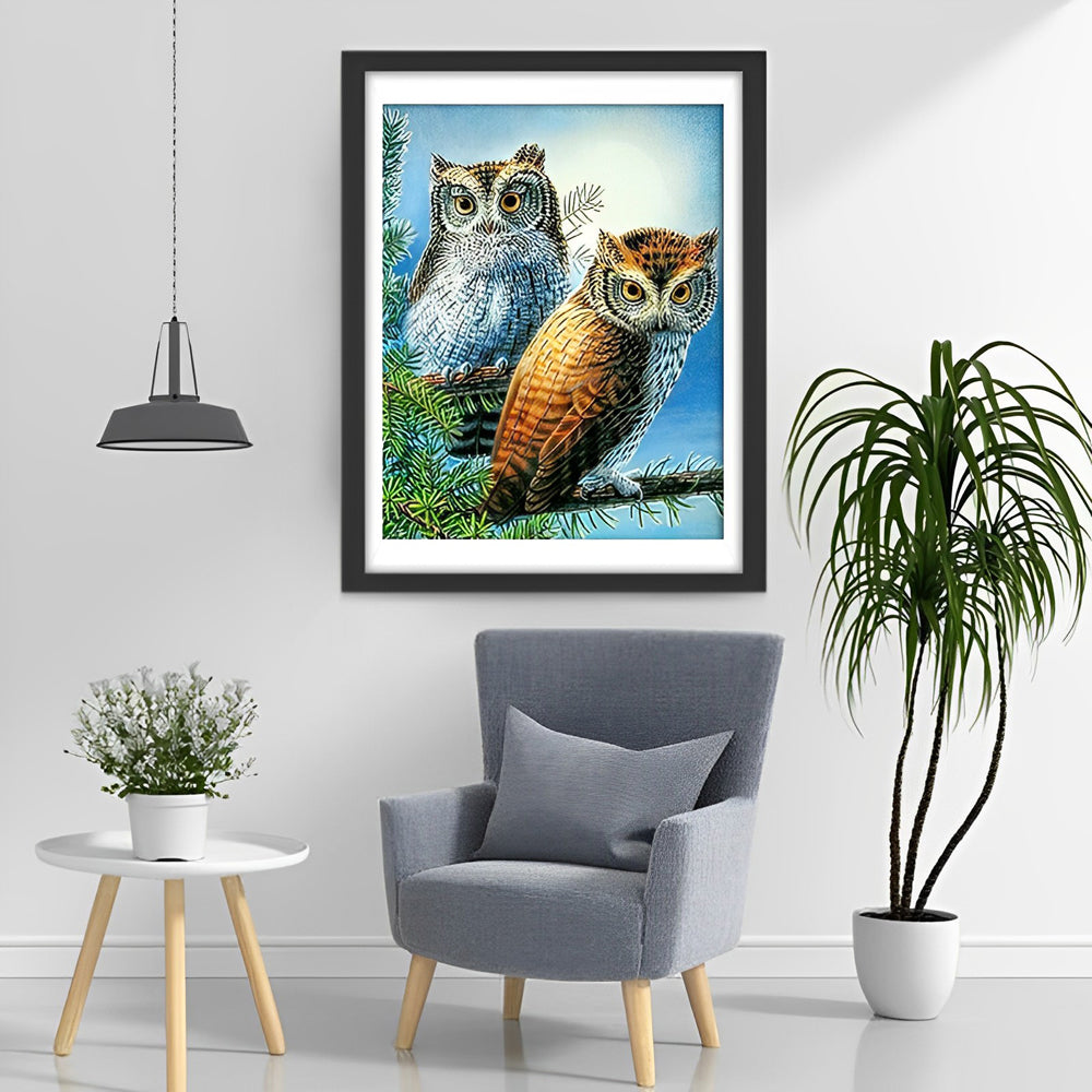 Twee Uilen in een Kerstboom Diamond Painting