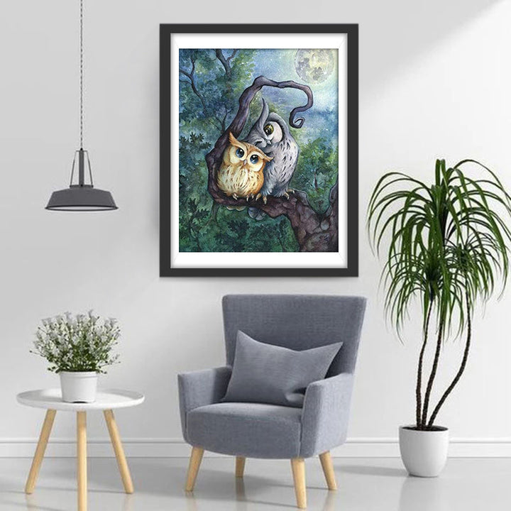 Twee Uilen Knuffelen Samen Diamond Painting