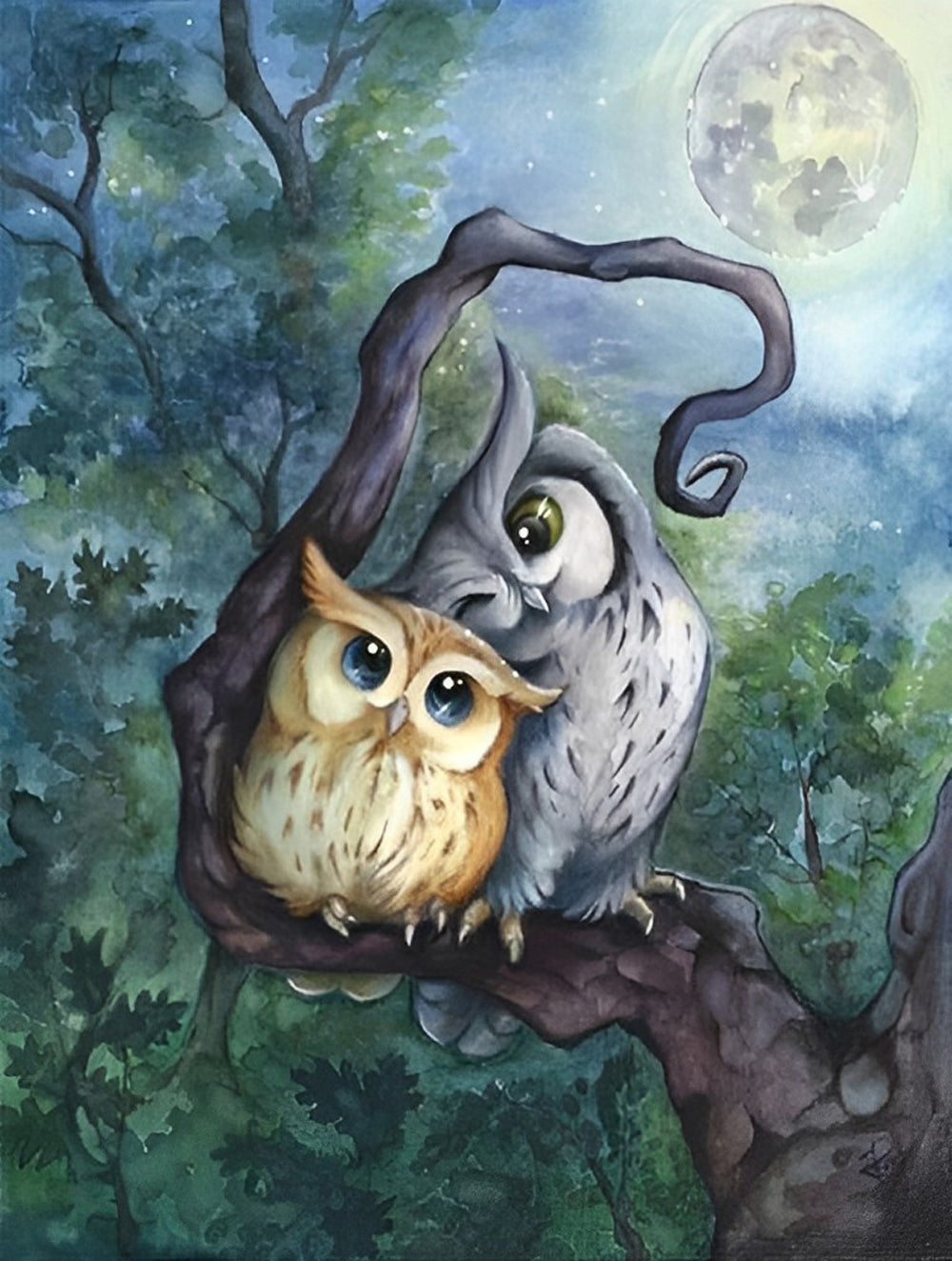 Twee Uilen Knuffelen Samen Diamond Painting