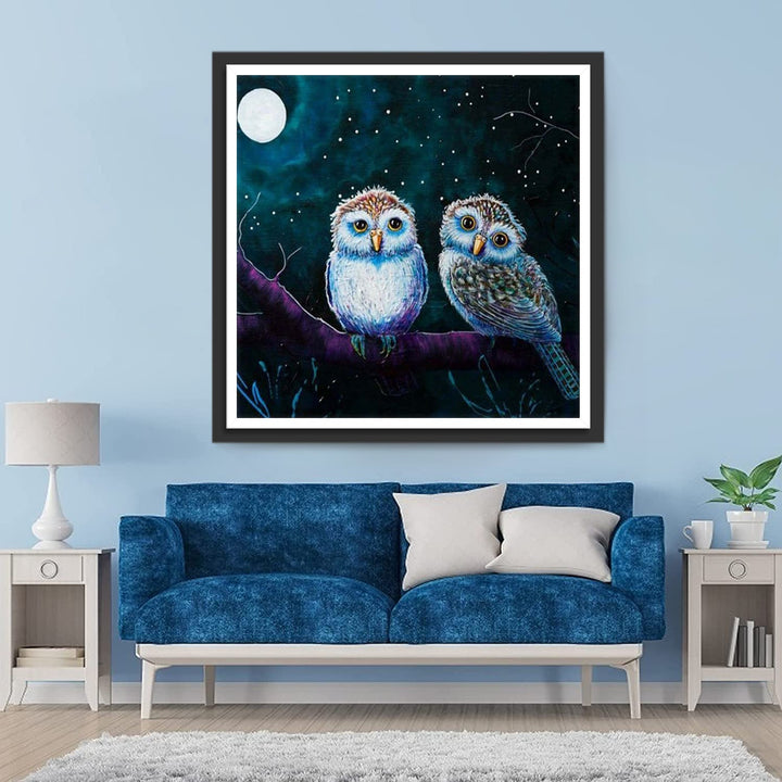 Twee Uilen op een Paarse Tak Diamond Painting